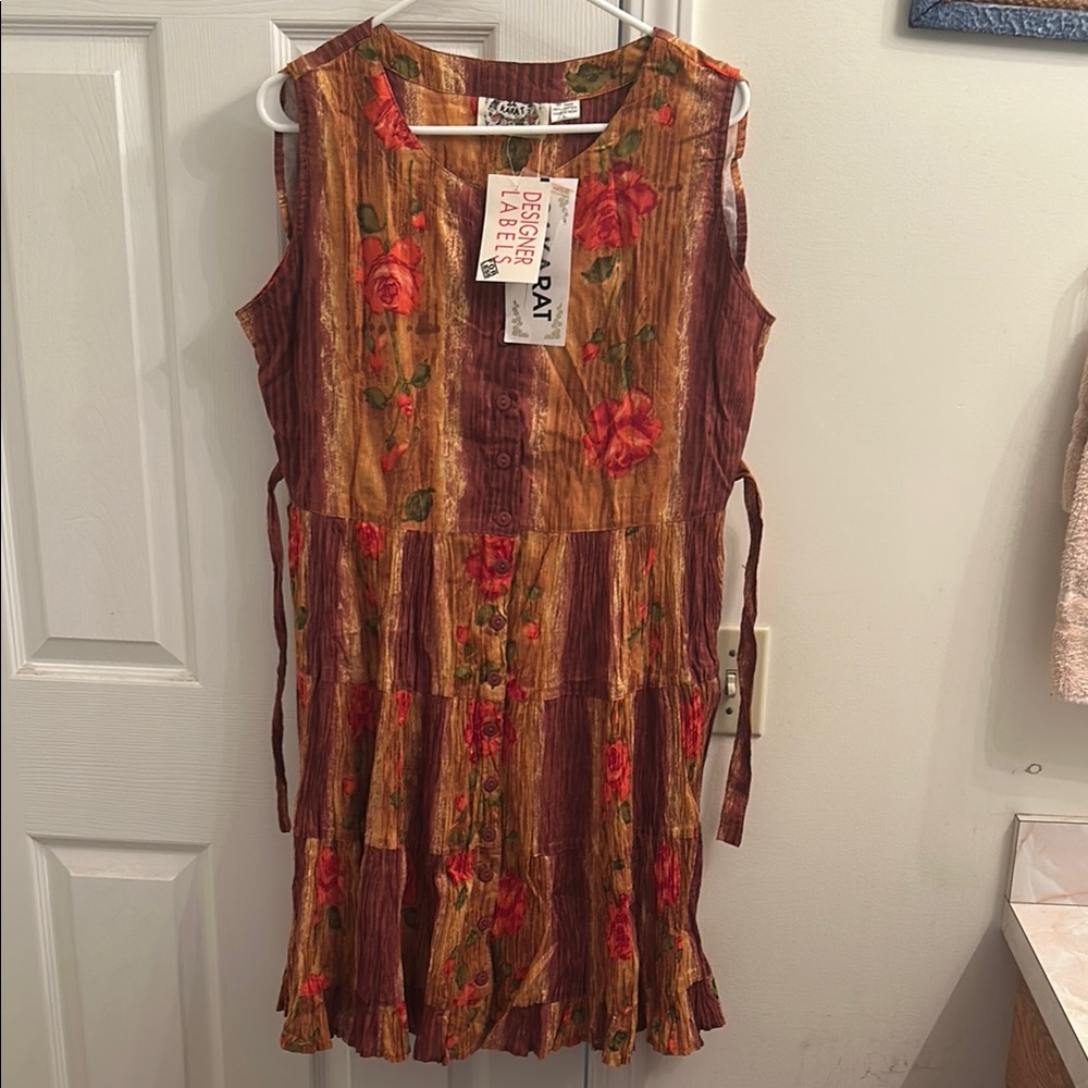 24 Karat Designer Label Sleeveless Floral Boho Mini Flows Belted DressSz XL